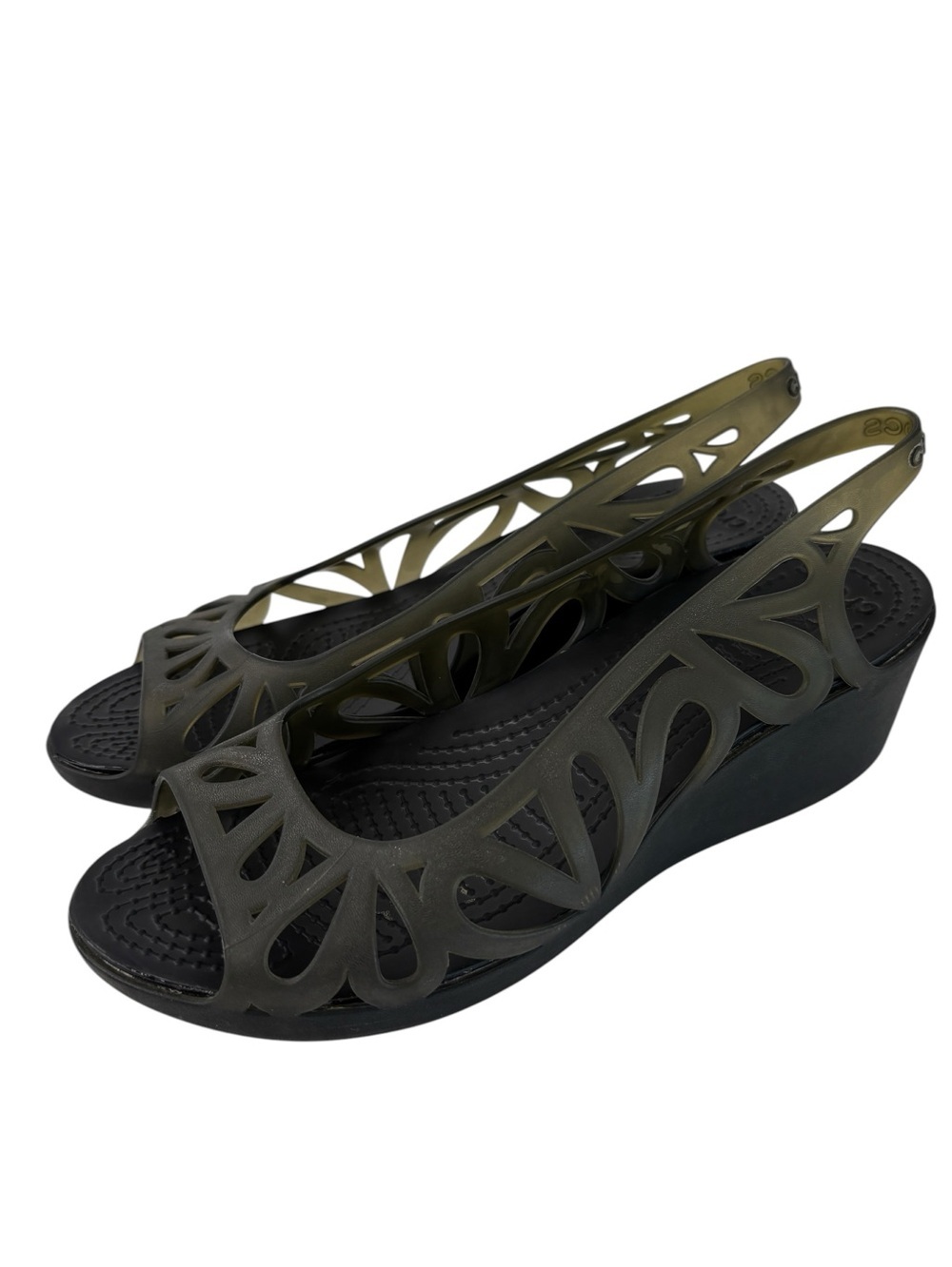 Crocs Adrina Sandals Jelly Shoe Size 6 Wedge Open Toe Slip On Gray Green Cut Out